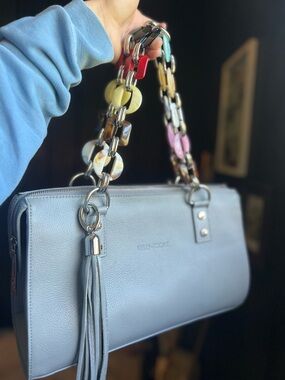 Kelly Tooke Soho Leather Purse in Patent Grey with multicolor chain strap